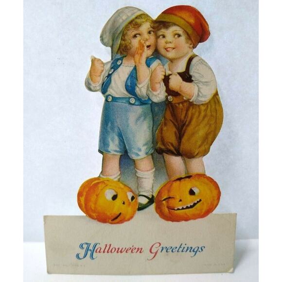 Halloween Placecard Ellen Clapsaddle Wolf Original Diecut Children Pumpkins JOL - Picture 1 of 4